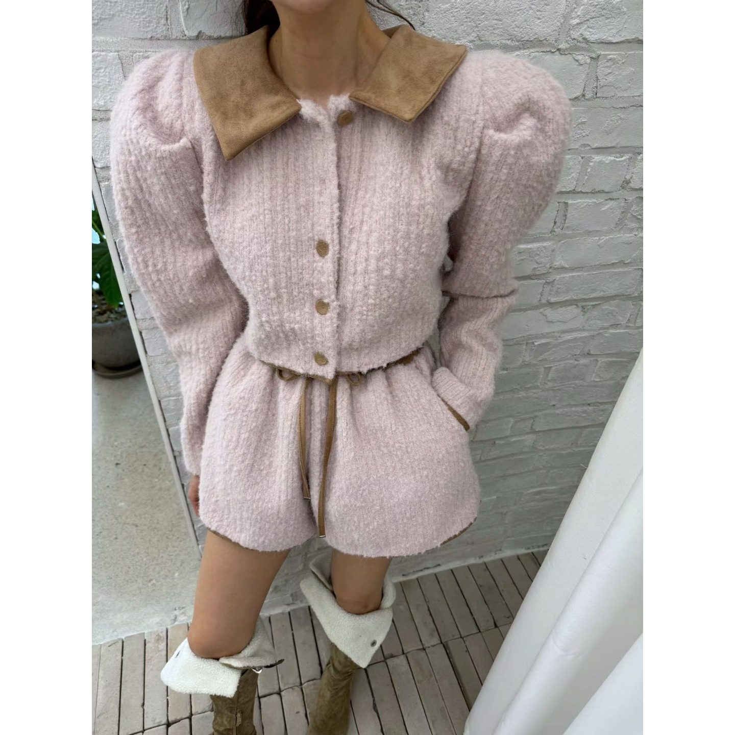 韩国东大门小香风撞色翻领泡泡袖毛绒加厚上衣+高腰阔腿短裤套装,女装/女士精品,时尚套装,淘宝优惠券,粉丝福利购,淘宝优惠卷