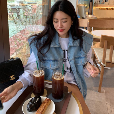 韩国垫肩拉链牛仔马甲外套女