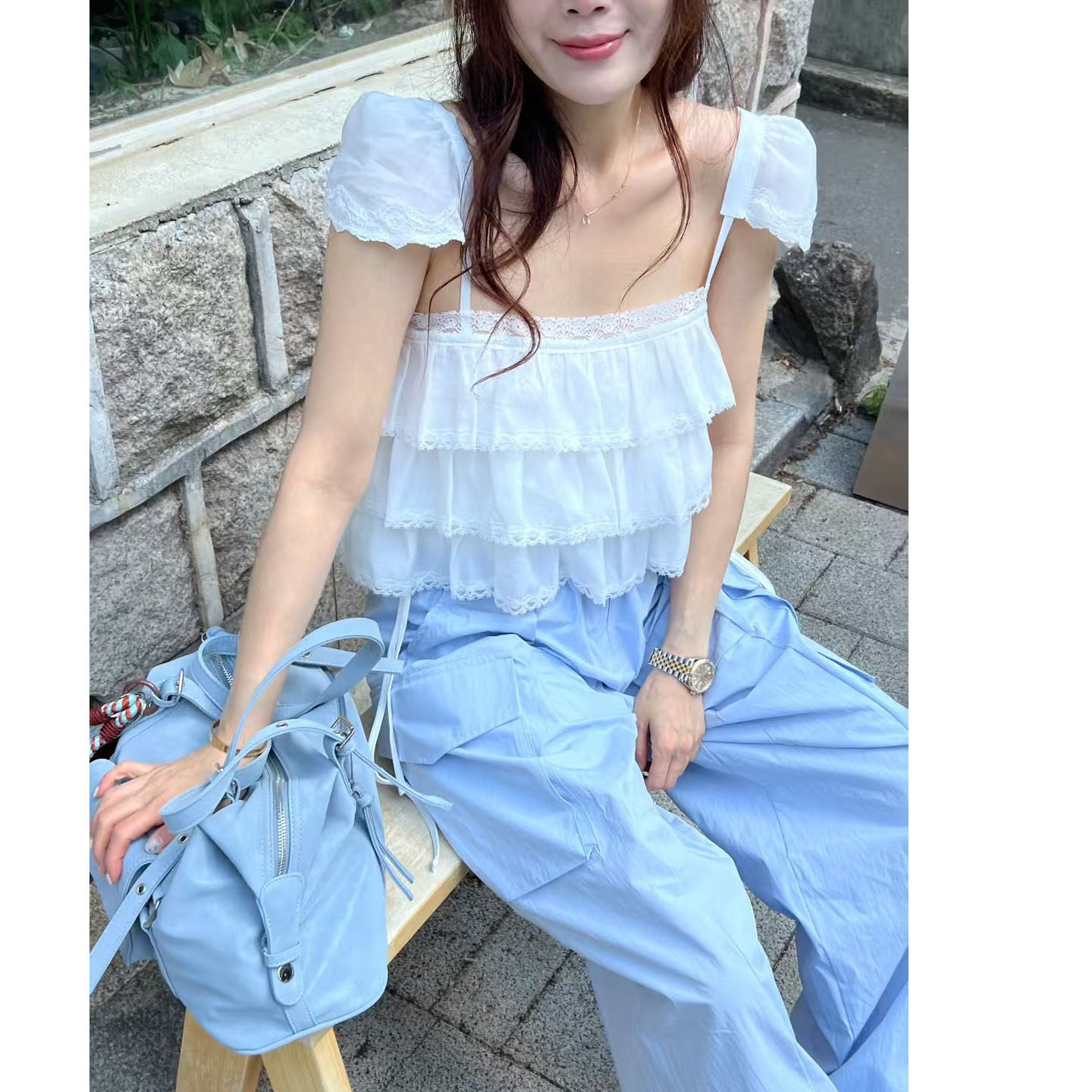 韩国甜美蕾丝拼接荷叶边吊带背心