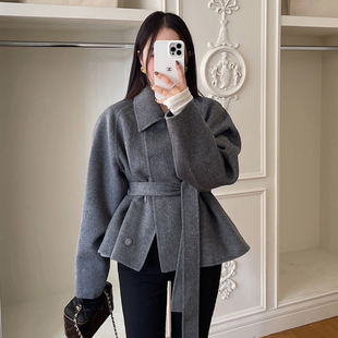 韩国东大门冬季法式高级感气质收腰绑带短款毛呢外套女小个子大衣