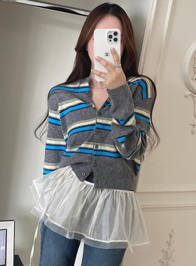 韩国东大门2025秋季新款复古圆领撞色条纹修身显瘦针织开衫外套女