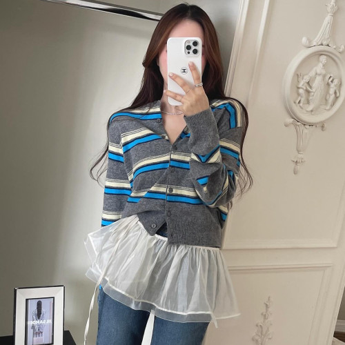 韩国圆领撞色条纹针织开衫外套