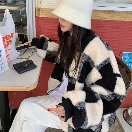 韩国格子羊羔绒外套东大门毛呢