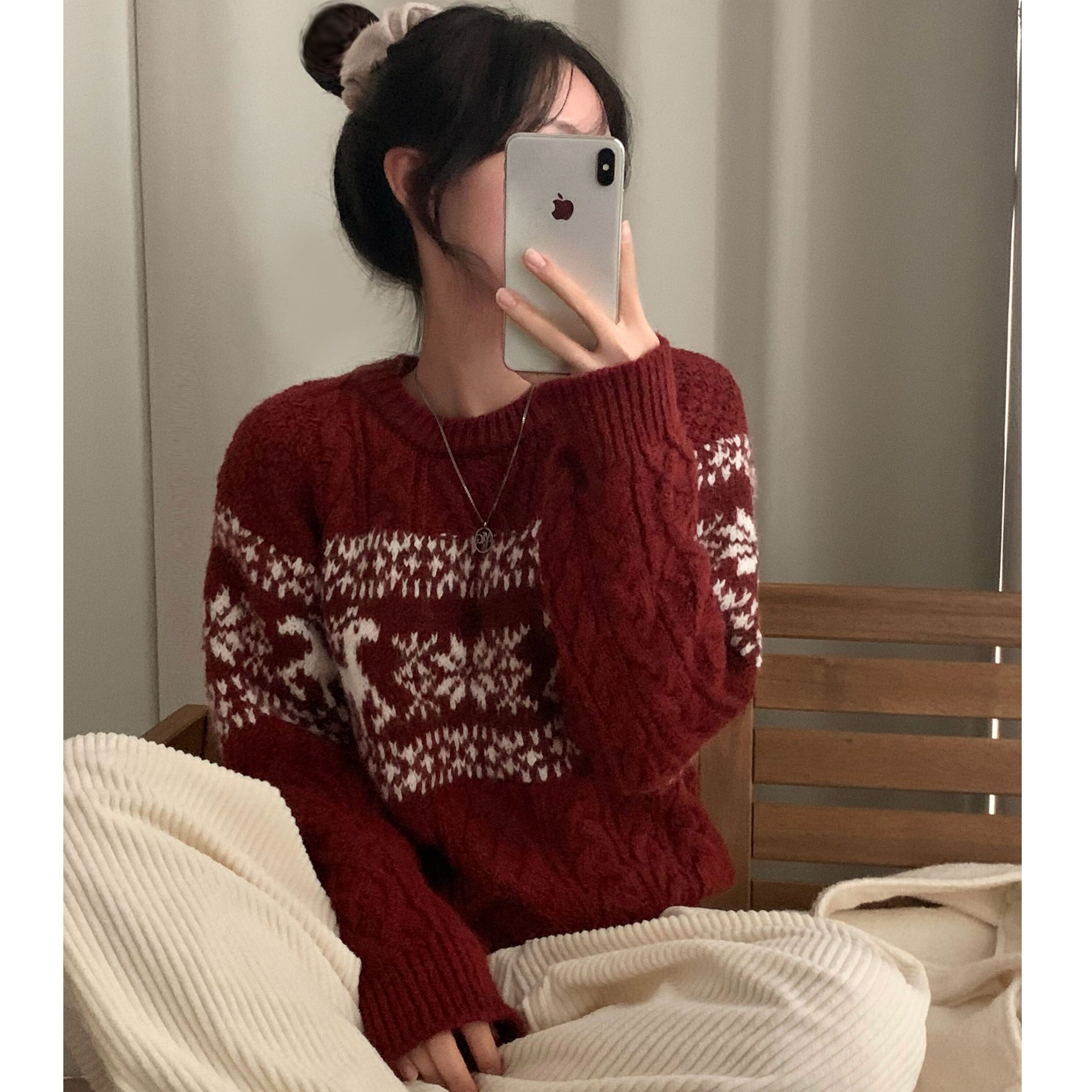 韩国东大门氛围感复古圣诞小鹿提花麻花圆领套头长袖针织毛衣女