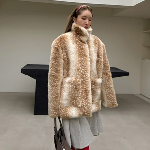 韩国东大门复古时髦翻领小鹿斑纹仿貂毛外套女毛绒绒保暖皮草大衣