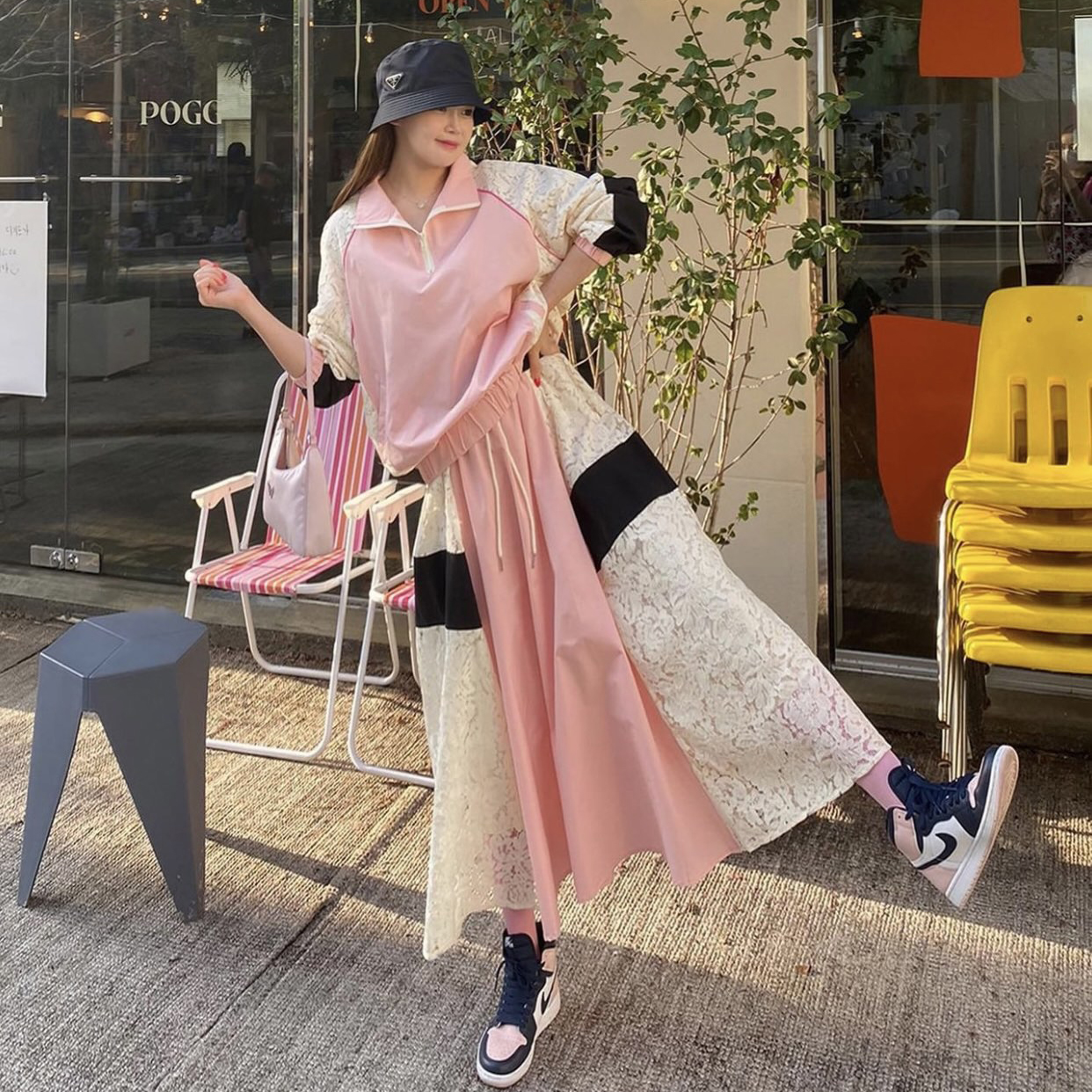韩国撞色蕾丝拼接外套半身裙