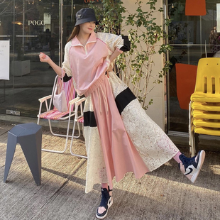 韩国东大门撞色半拉链蕾丝拼接小衫运动风轻薄外套女+半身裙套装