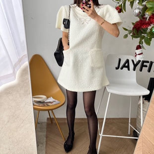 韩国东大门2024春装法式小香风圆领钉珠蝴蝶结口袋泡泡短袖连衣裙