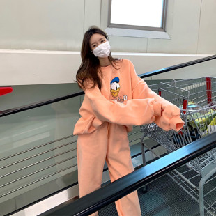 韩国东大门卡通bf唐老鸭加绒卫衣女休闲洋气运动套装卫裤两件套