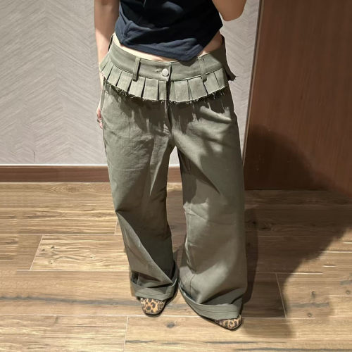 韩国百褶裙摆假两件阔腿休闲裤女