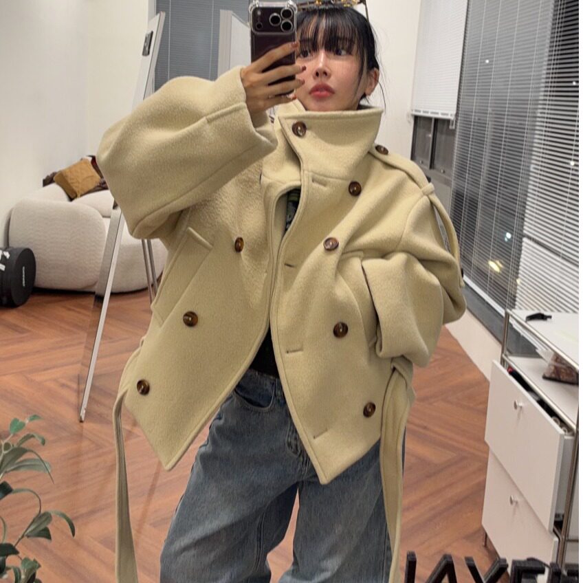 韩国宽松双排扣毛绒绒呢子外套女