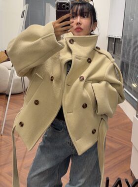 韩国宽松双排扣毛绒绒呢子外套女