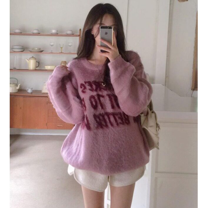 韩国毛绒字母提花针织衫毛衣男女