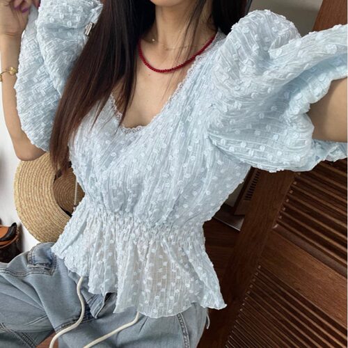 韩国甜美V领蕾丝收腰泡泡袖衬衫