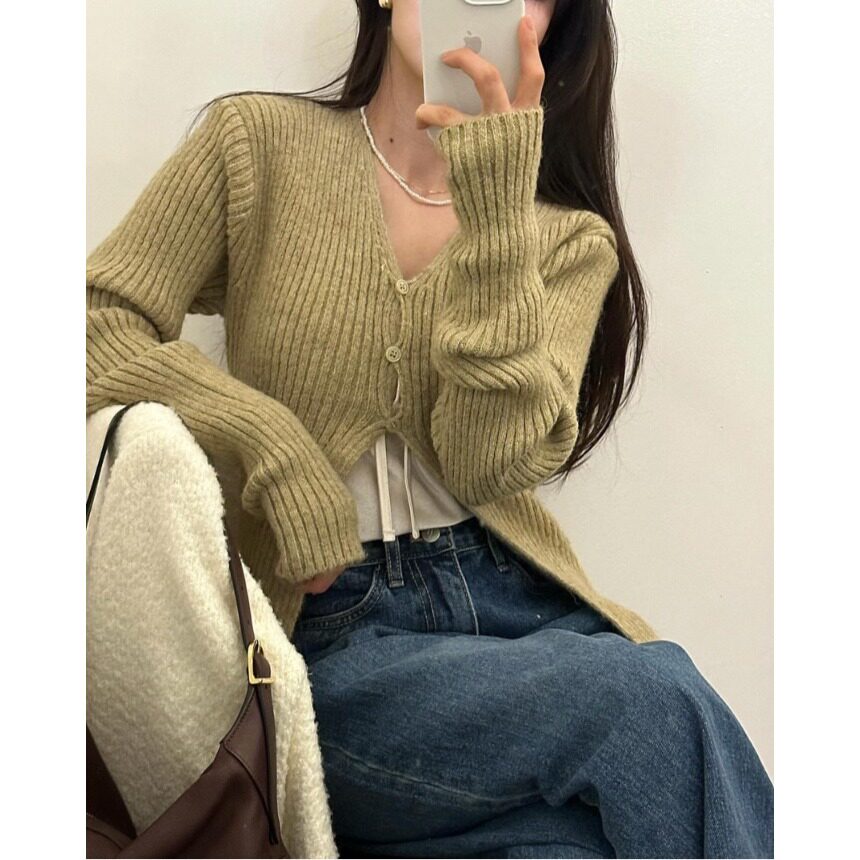 韩国V领修身坑条针织衫毛衣女