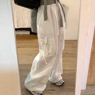 韩国东大门2025新款松紧腰抽绳双口袋宽松显瘦工装束脚休闲裤女