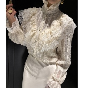 韩国东大门气质优雅立领荷叶花边喇叭袖蕾丝打底衫女洋气内搭衬衫