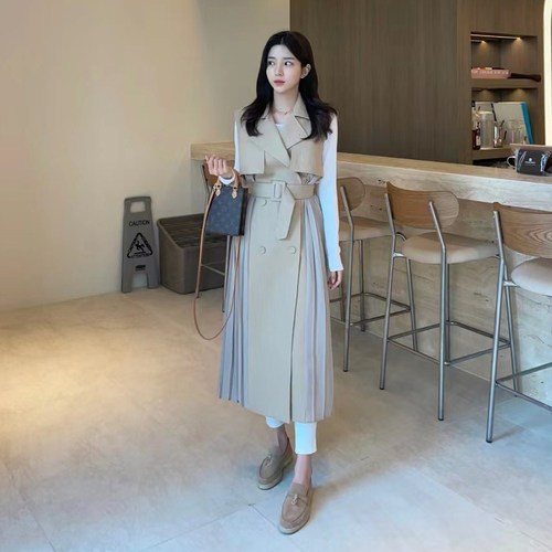 韩国法式无袖长款风衣外套过膝