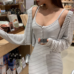 韩国东大门时尚条纹连帽针织开衫+修身显瘦吊带连衣裙打底裙套装