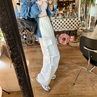 韩国东大门洋气飘带休闲工装裤女高腰宽松运动束脚阔腿直筒裤子