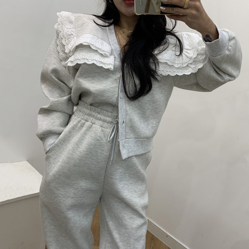 韩国翻领蕾丝花边卫衣卫裤两件套