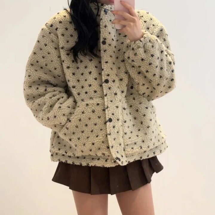 韩国爱心提花羊羔毛棉服外套
