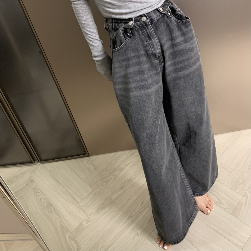 韩国复古高腰可调节宽松牛仔裤女