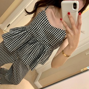 韩国东大门减龄格子吊带背心上衣褶皱荷叶边宽松直筒休闲裤女套装