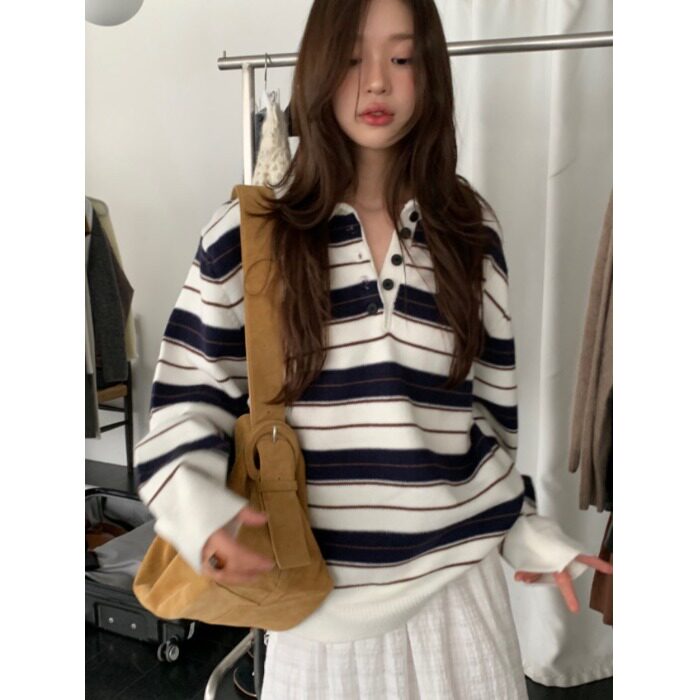 韩国东大门秋冬法式polo领撞色懒惰宽松条纹长袖针织衫套头毛衣女