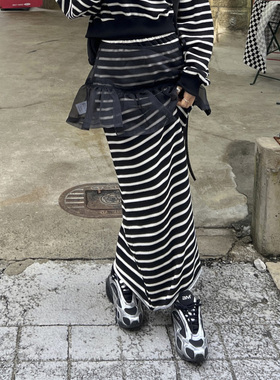 韩国东大门撞色条纹松紧腰修身包臀百搭半身裙女透视欧根纱短裙