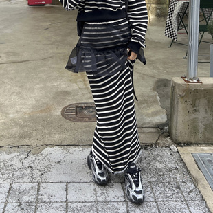 韩国东大门撞色条纹松紧腰修身包臀百搭半身裙女透视欧根纱短裙