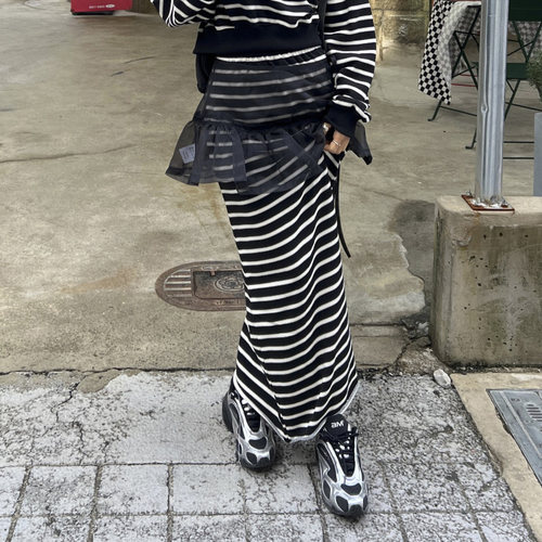 韩国条纹松紧腰修身包臀半身裙女
