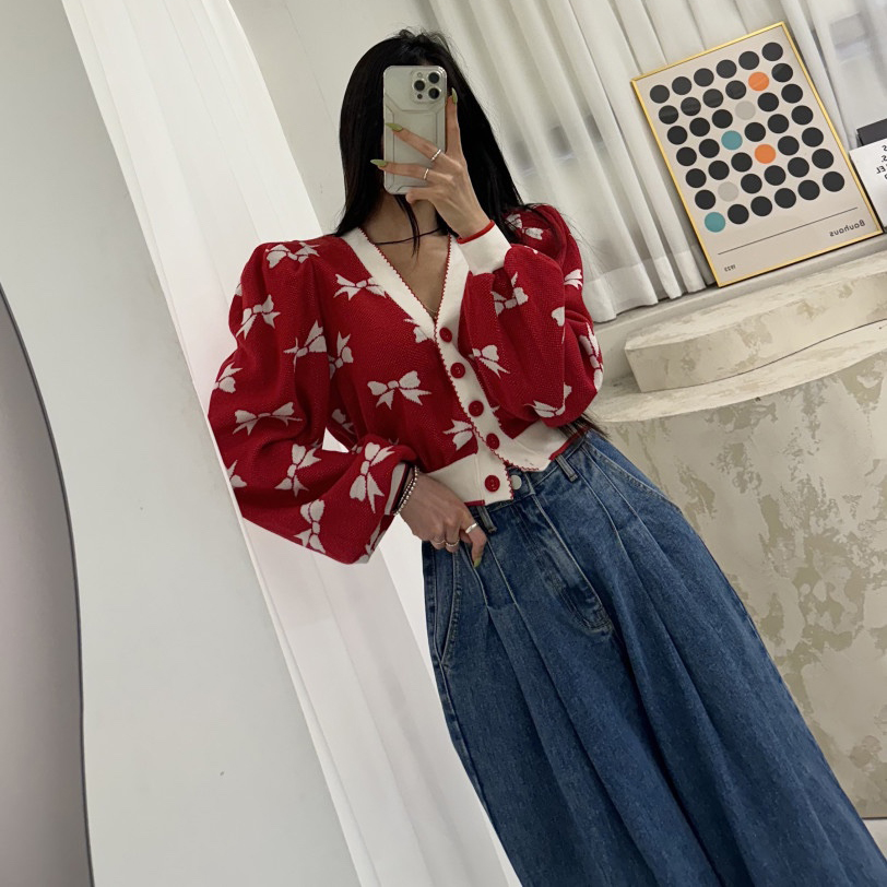韩国东大门法式甜美V领系扣蝴蝶结印花泡泡袖针织开衫毛衣女外套
