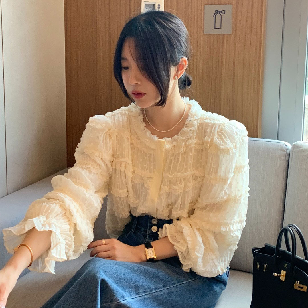韩国甜美蕾丝木耳花边雪纺衬衫女