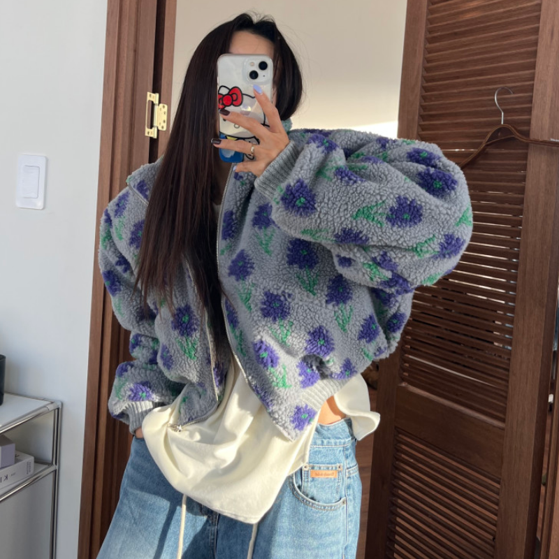 韩国东大门复古提花立领毛绒拉链夹克外套女羊羔毛宽松保暖棉服,女装/女士精品,短外套,淘宝优惠券,粉丝福利购,淘宝优惠卷