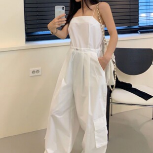 韩国东大门工装风抹胸吊带露背连体裤女收腰抽绳显瘦阔腿连衣裤