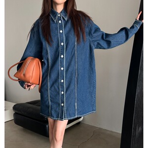 韩国东大门时尚复古翻领单排扣明线设计宽松中长款休闲牛仔连衣裙