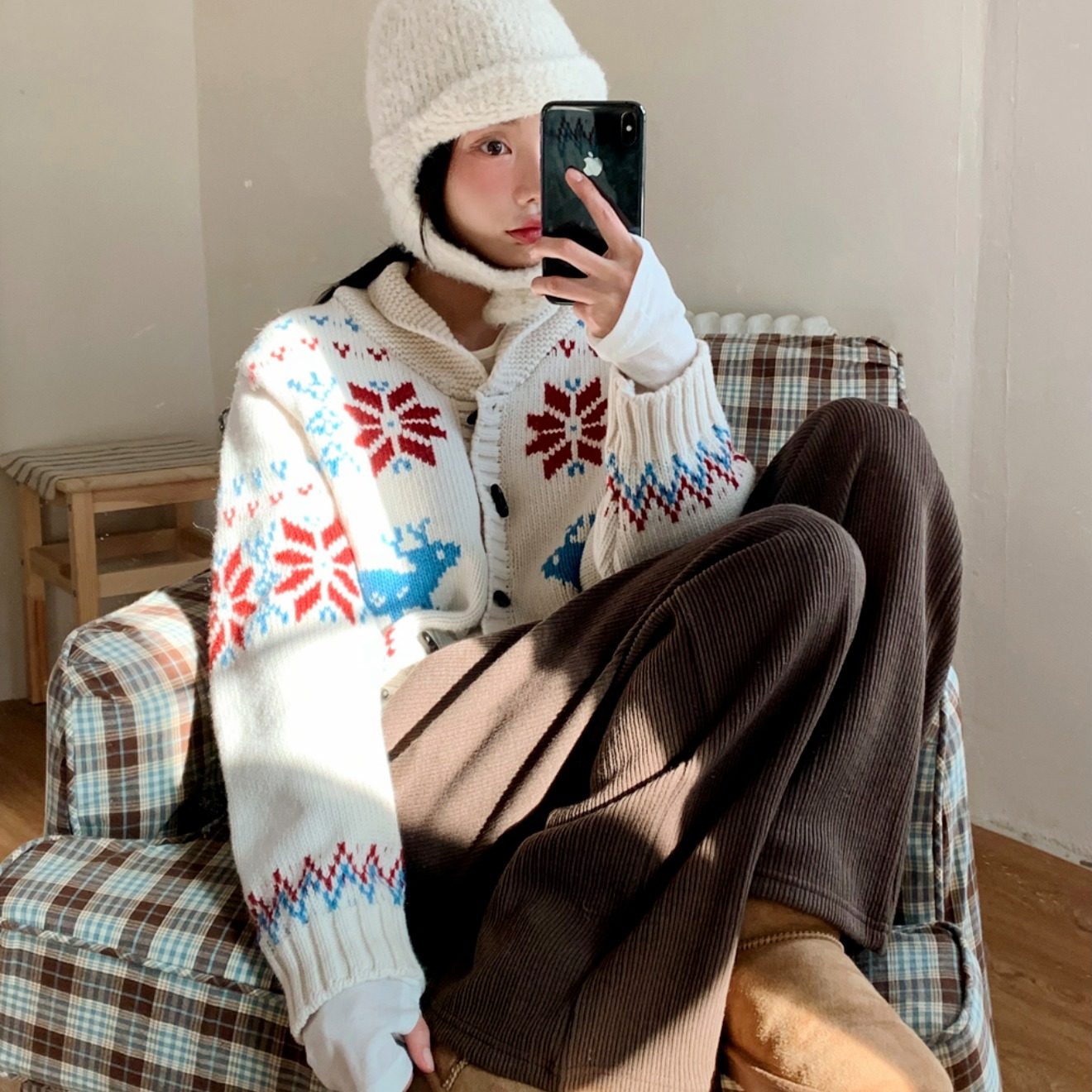 韩国圣诞雪花麋鹿牛角扣针织毛衣