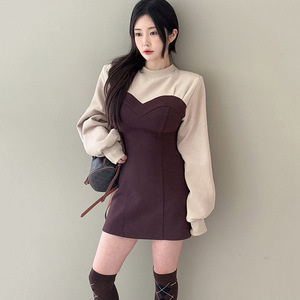 韩国东大门2025秋冬新款小个子短裙百搭假两件拼接收腰加绒连衣裙