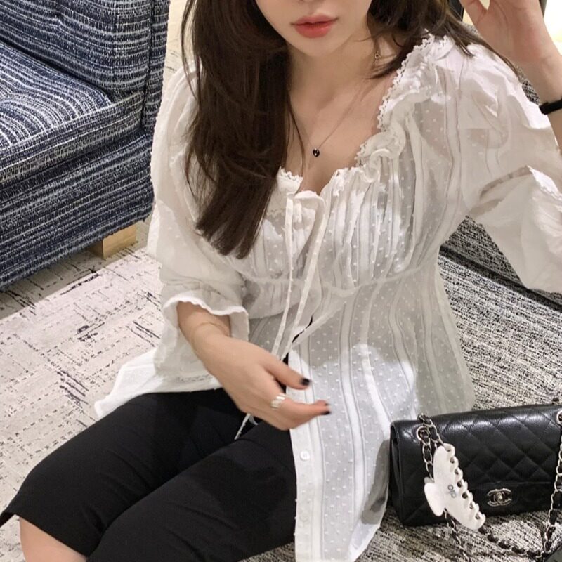 韩国蕾丝花边波点衬衫