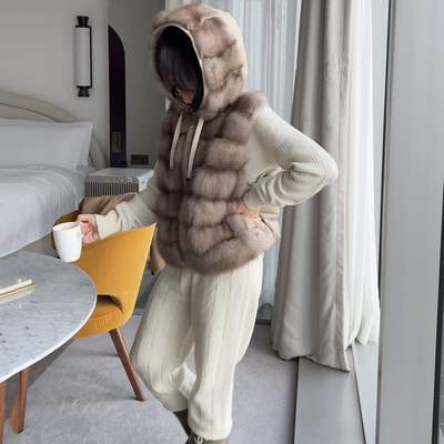 韩国两面穿连帽水貂毛皮草马甲女