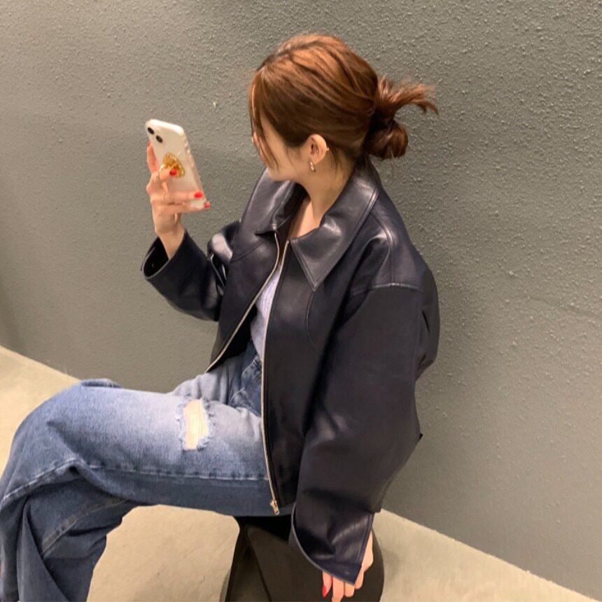 韩国复古翻领PU皮衣外套女夹克