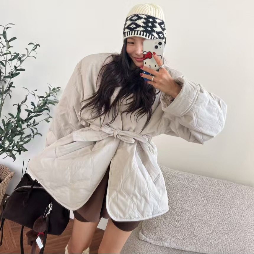 韩国宽松菱格夹棉保暖棉服外套