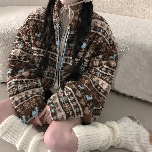 韩国复古提花羊羔毛保暖棉服外套