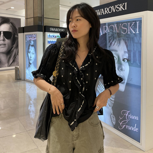 韩国东大门法式甜美荷叶边V领碎花刺绣黑色翻领泡泡袖衬衫女小衫