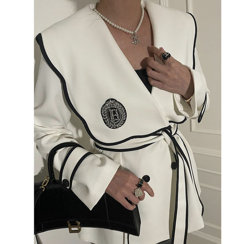 韩国海军领系带收腰显瘦风衣外套