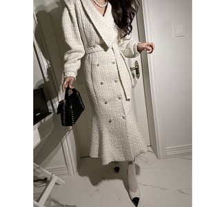 韩国东大门法式小香风粗花呢双排扣泡泡袖鱼尾连衣裙收腰风衣外套