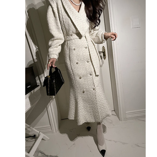 韩国小香风粗花呢鱼尾连衣裙外套