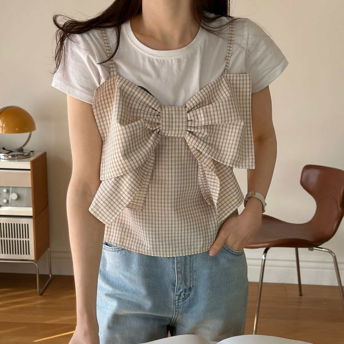 韩国蝴蝶结减龄格子吊带背心女