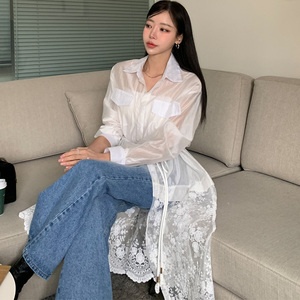 韩国东大门2026新款设计感薄款透视蕾丝花边拼接中长款衬衫连衣裙